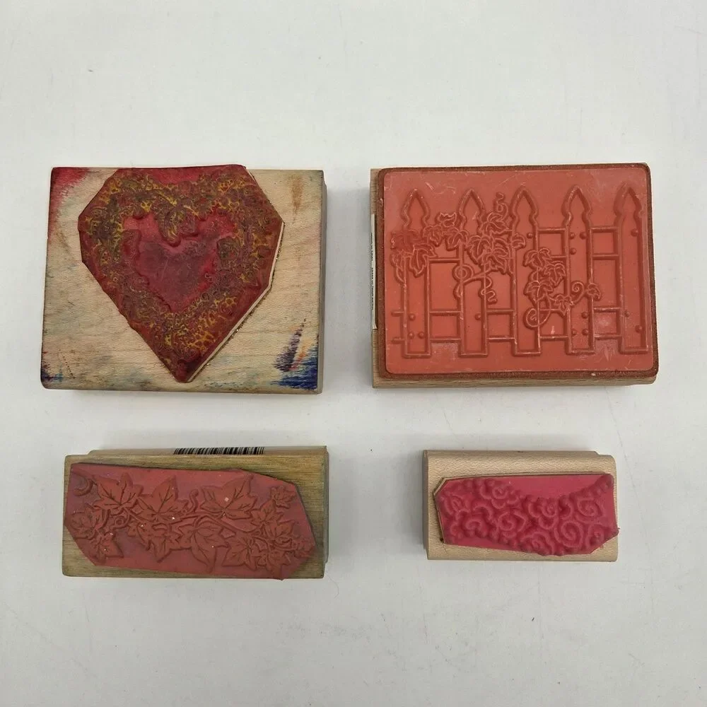 Lot of 4 Wood Mounted Rubber Stamps Ivy Garden Heart Fence Inkadinkado DOTS